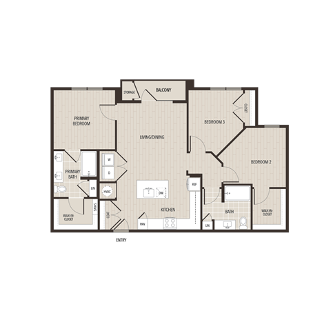 Floor plan for 3 beds, 2 baths, 1213 sqft